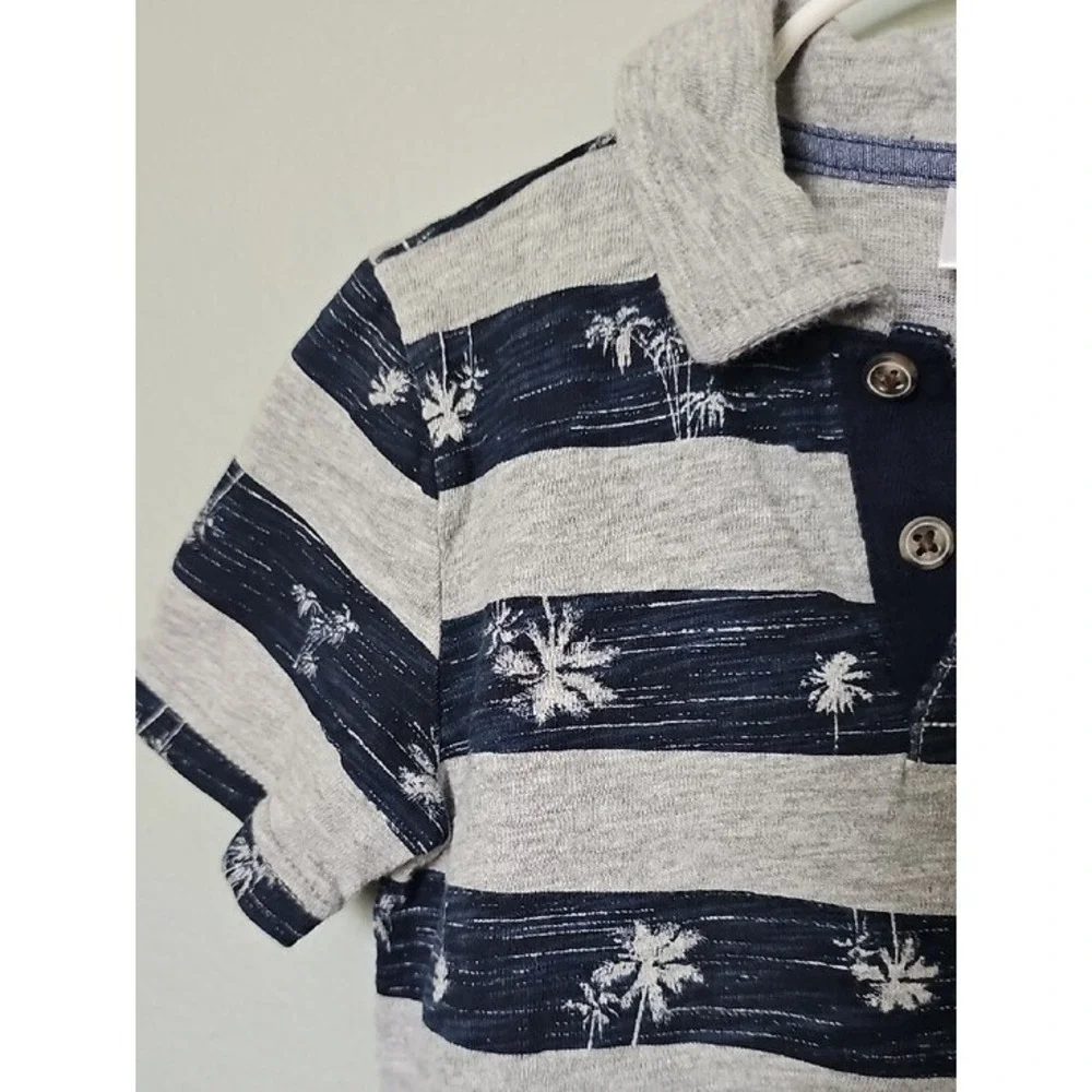 Gymboree Boys Size 5T Grey Navy Blue Palm Tree Striped Short Sleeve Polo Shirt